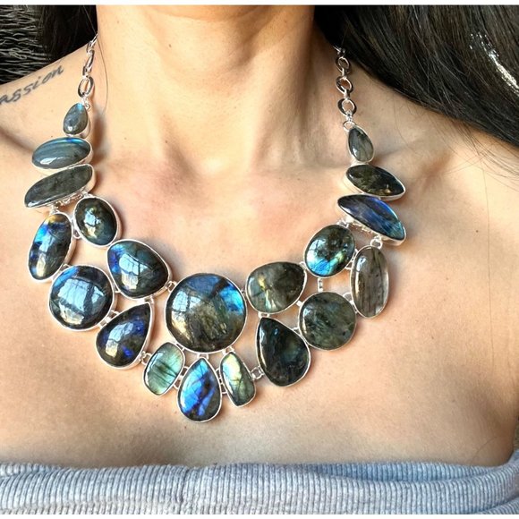 Handmade Jewelry - 925 GODDESS STATEMENT Flash Labradorite Necklace